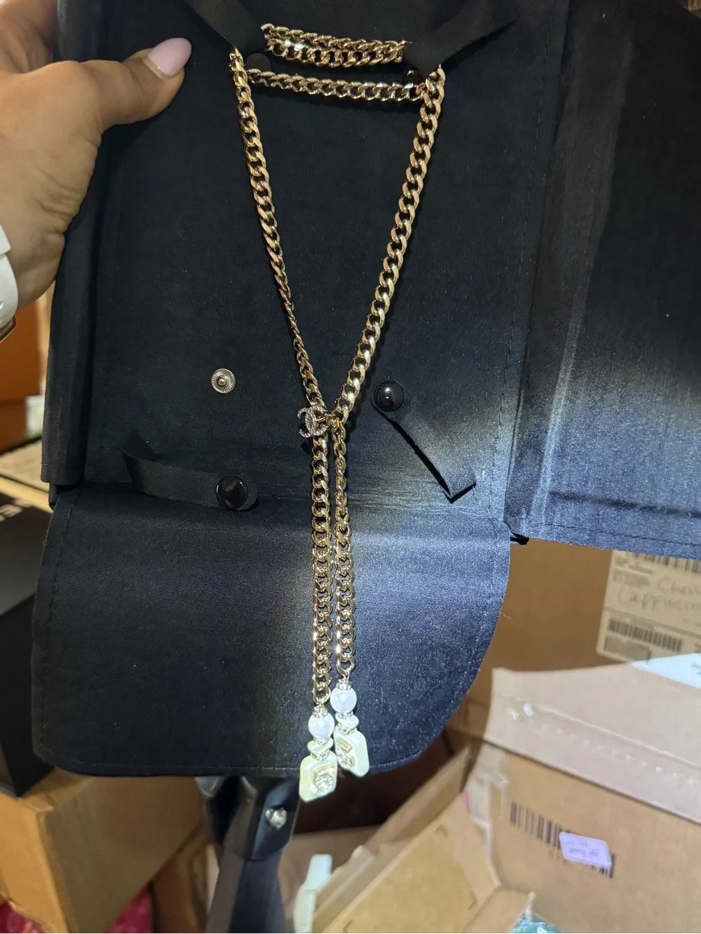 CHANEL #5 Tie Necklace with Pearls and Number 5 Drops